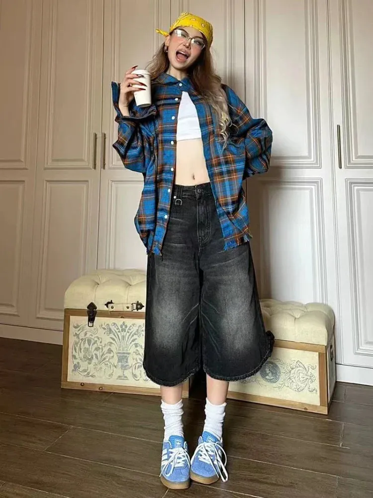 Black Calf-Length Jeans Women Streetwear Vintage Oversize Wide Leg Denim Pants