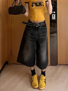 Black Calf-Length Jeans Women Streetwear Vintage Oversize Wide Leg Denim Pants