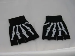 Black Fingerless Gloves with Skeleton Motif