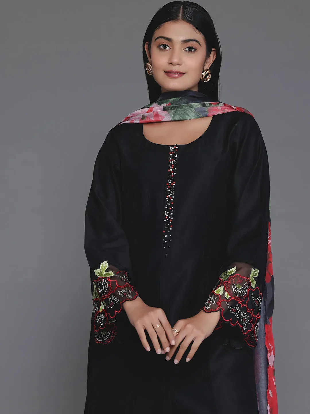 Black Solid Silk Blend Straight Suit With Dupatta