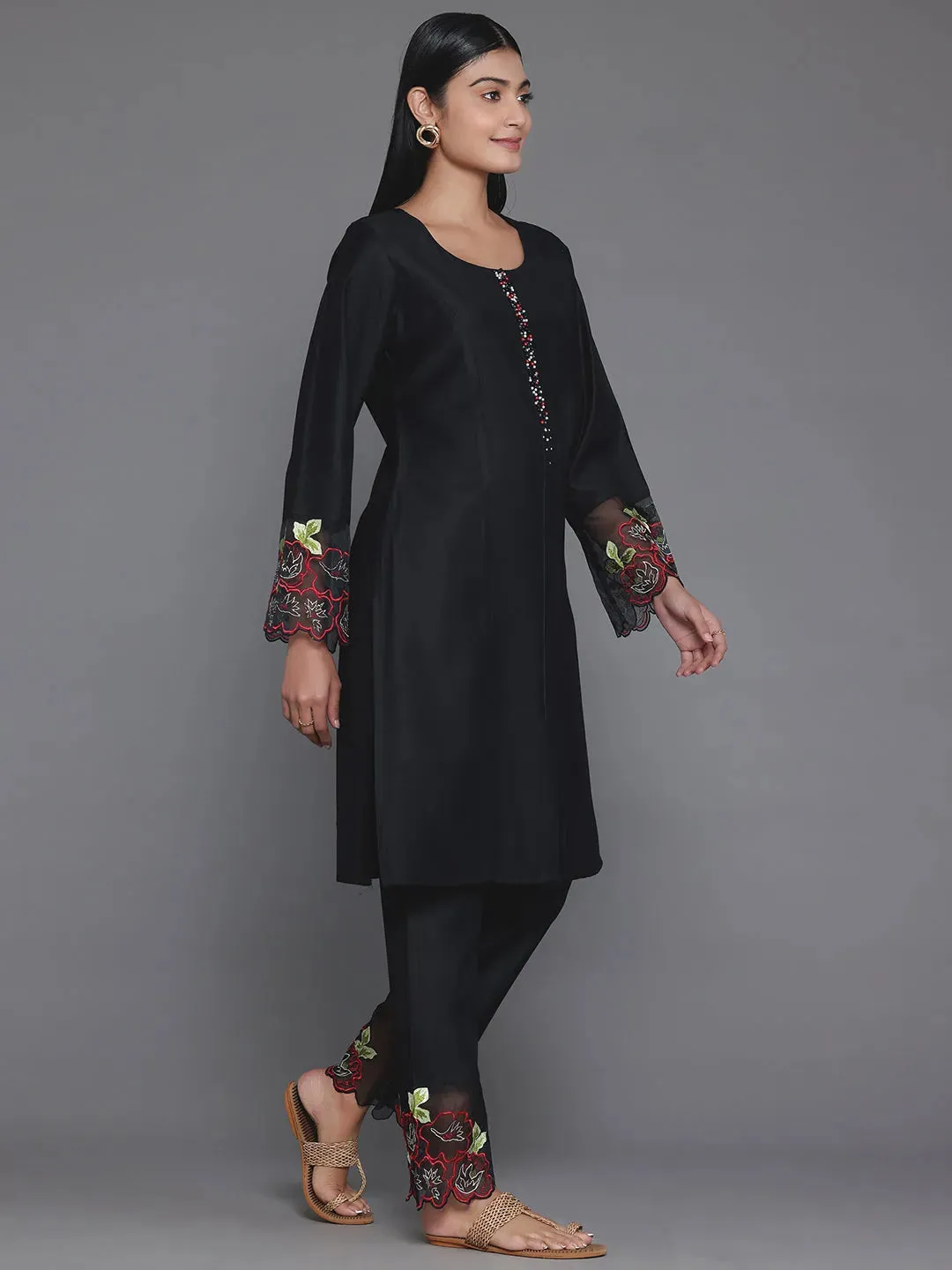 Black Solid Silk Blend Straight Suit With Dupatta