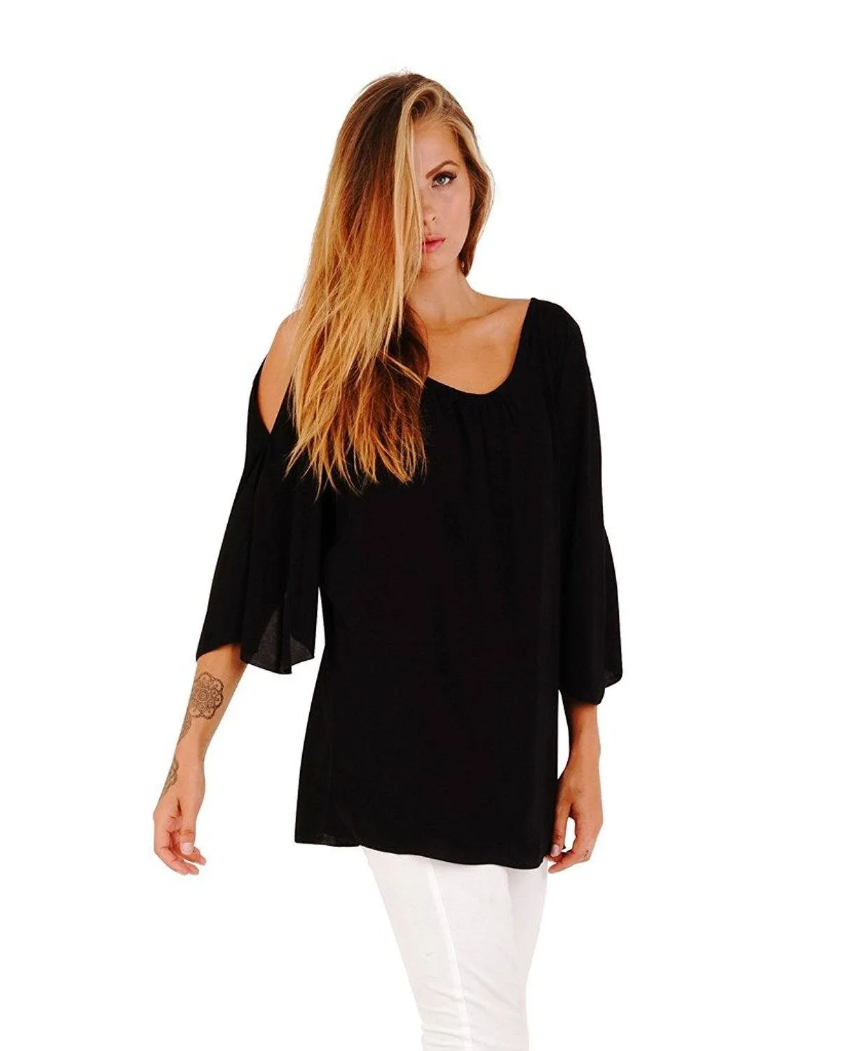 Blake Loose Fitting Long Sleeve Cold Shoulder Tunic Top