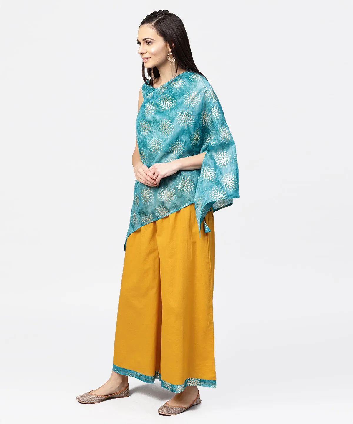 Blue Boho Poncho Style Tops With Yellow Ankle Length Palazzo