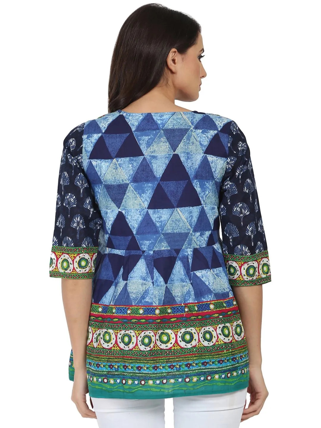 Blue Printed 3/4Th Sleeve Cotton Angrakha Style Tunic With Latkan Work At Yoke