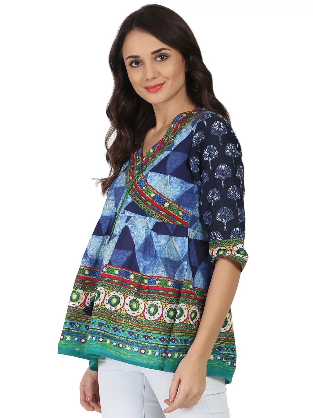 Blue Printed 3/4Th Sleeve Cotton Angrakha Style Tunic With Latkan Work At Yoke