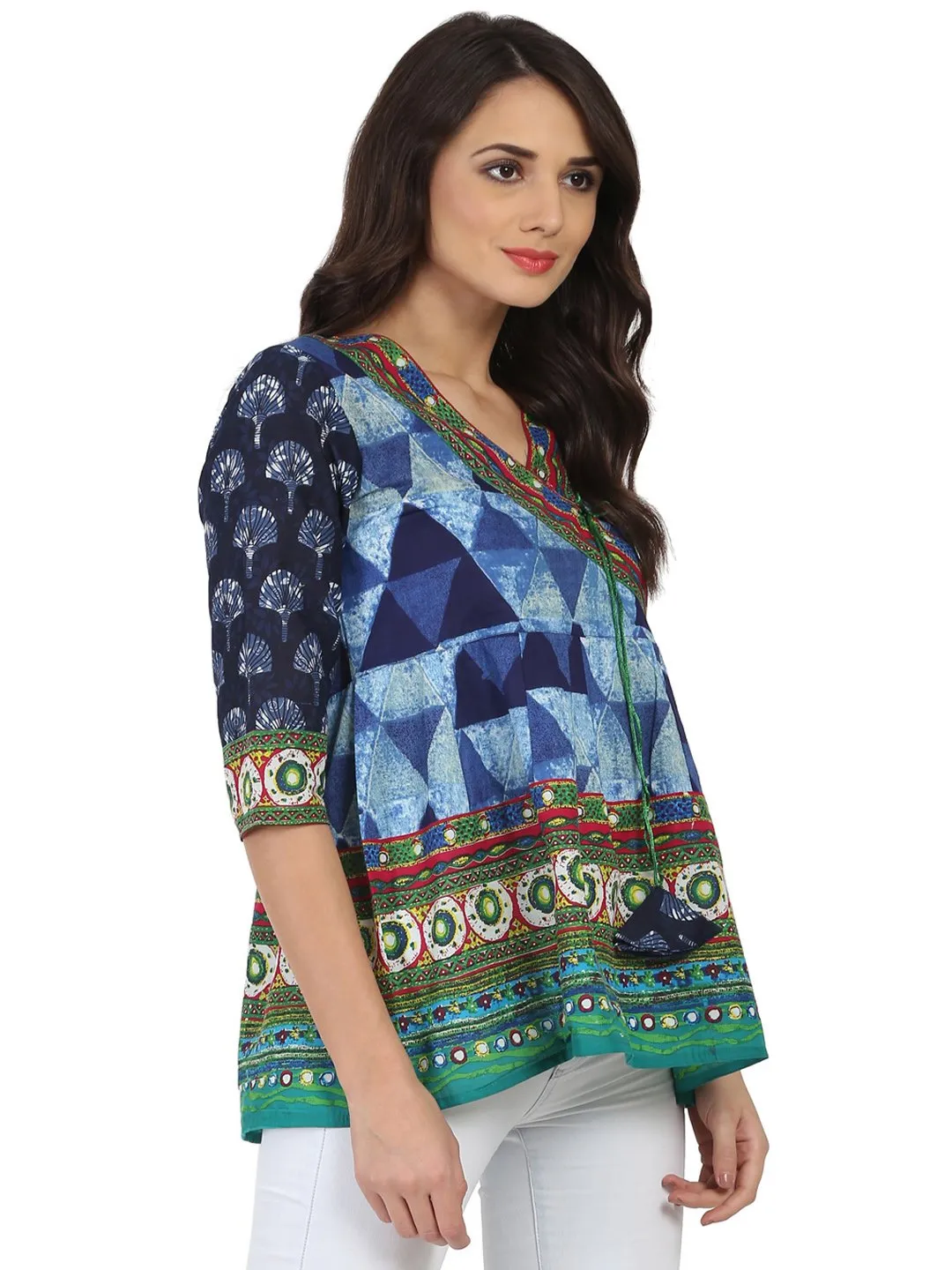 Blue Printed 3/4Th Sleeve Cotton Angrakha Style Tunic With Latkan Work At Yoke