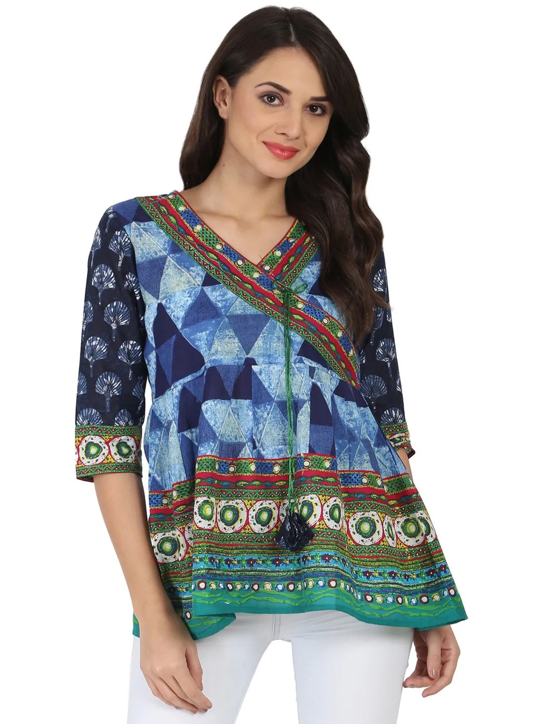 Blue Printed 3/4Th Sleeve Cotton Angrakha Style Tunic With Latkan Work At Yoke