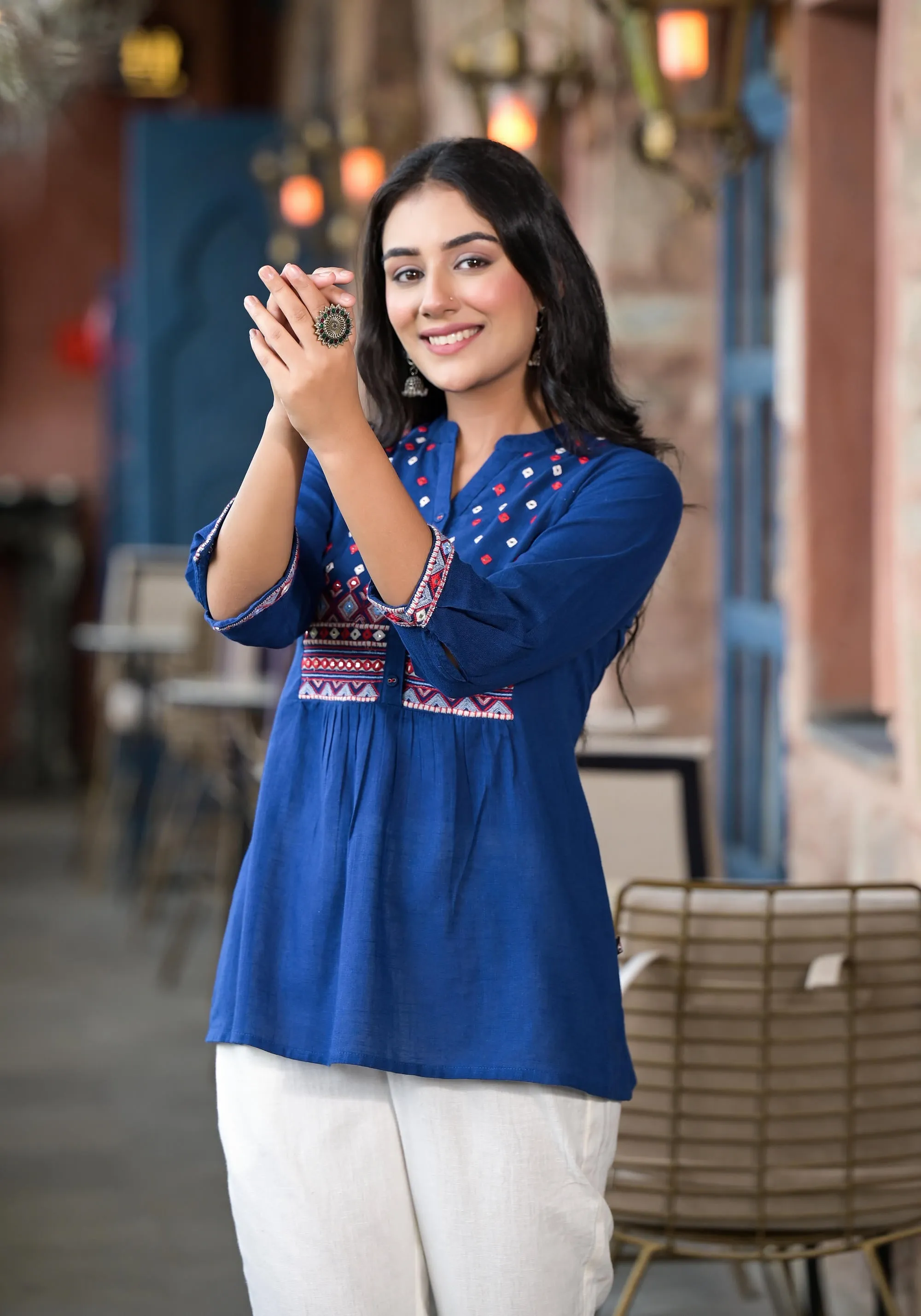 Blue Solid Cotton Short Tunic With Thread & Mirror Work