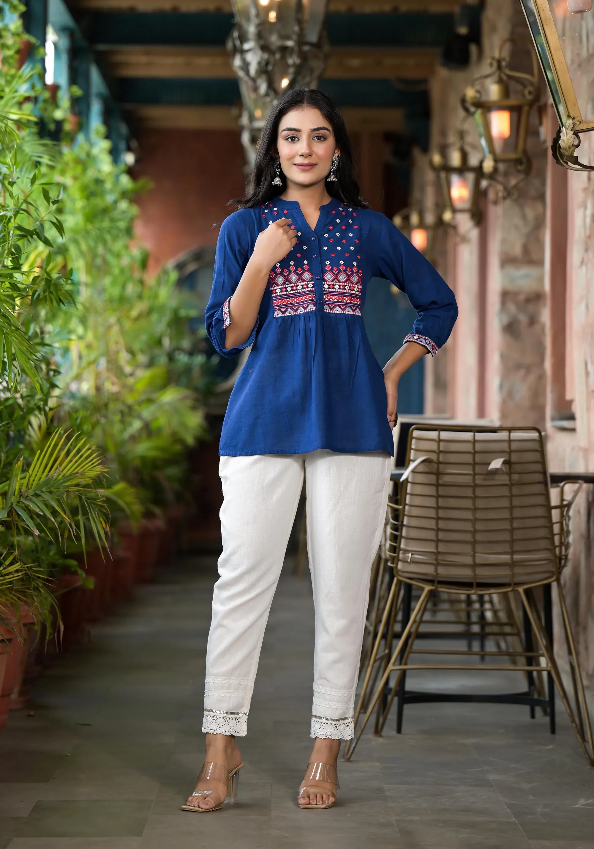 Blue Solid Cotton Short Tunic With Thread & Mirror Work