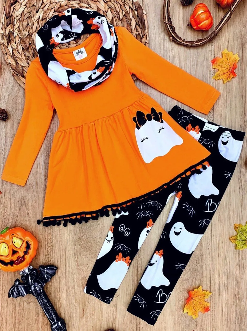 Boo Tribe Long Sleeve Pom Pom Tunic, Leggings and Scarf Set