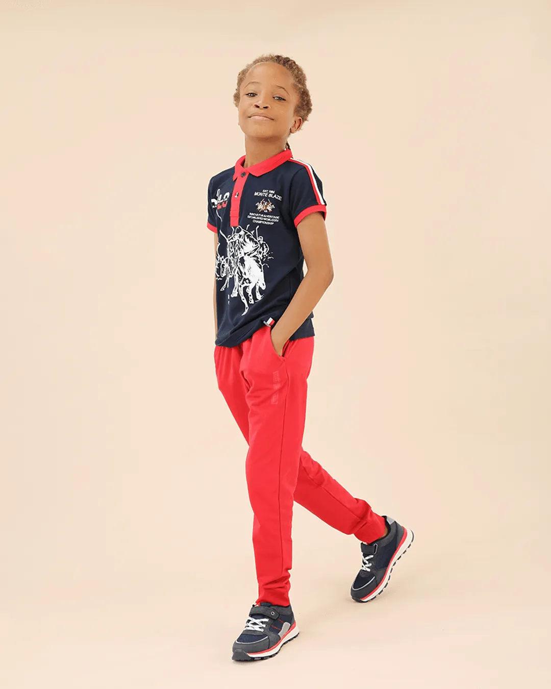 BOYS BLUE/RED SHORT SLEEVE POLO T-SHIRT   RED JOGGERS