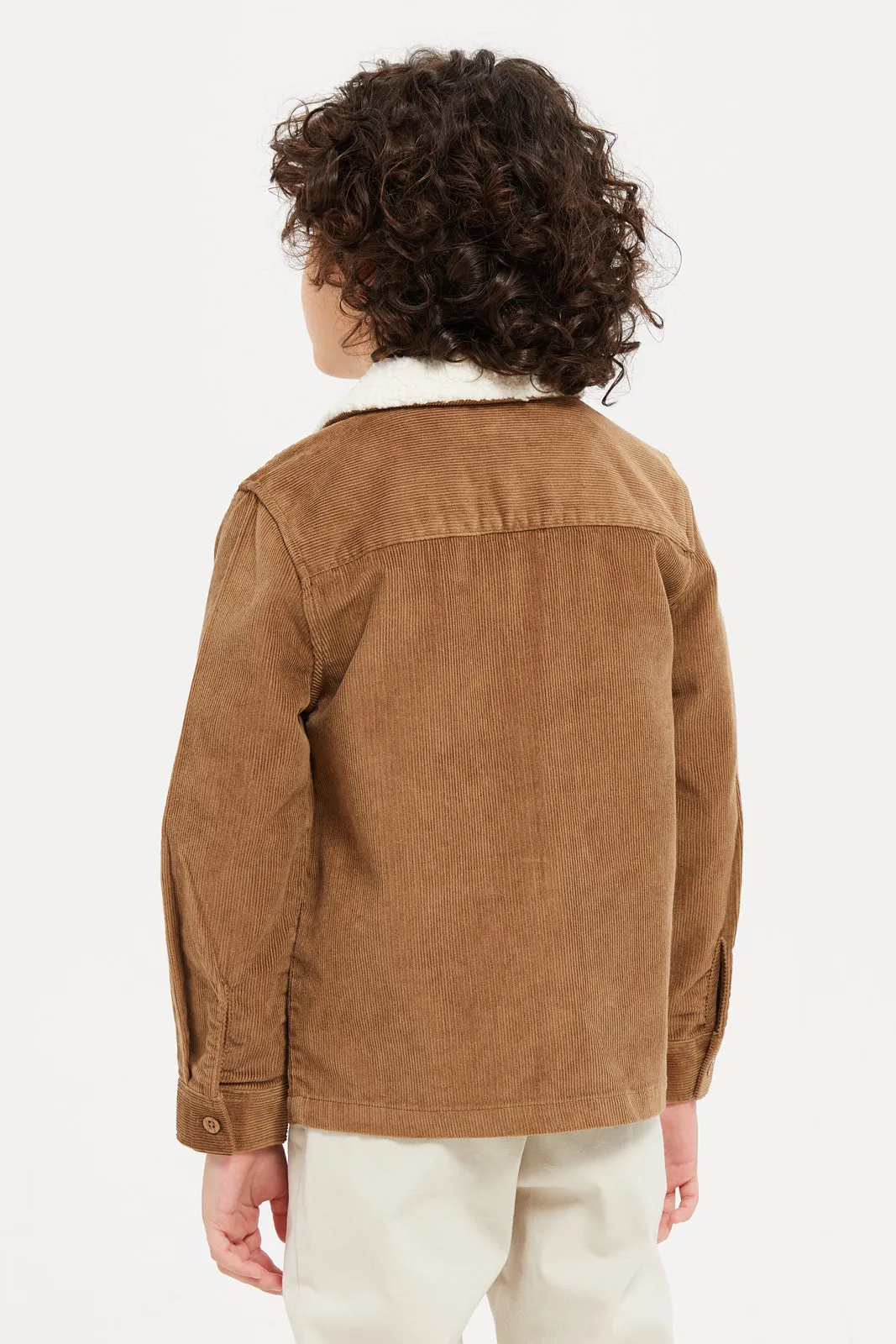 Boys Brown Cord Long Sleeve Shirt With Fur Collar