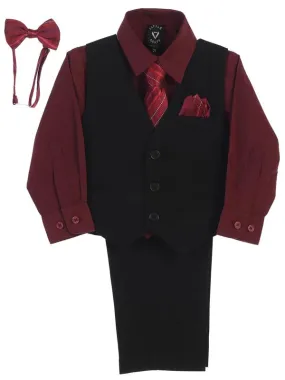 Boys Burgundy Shirt Zipper Tie Bow Tie Vest Pant Set  Size 6M-12Y