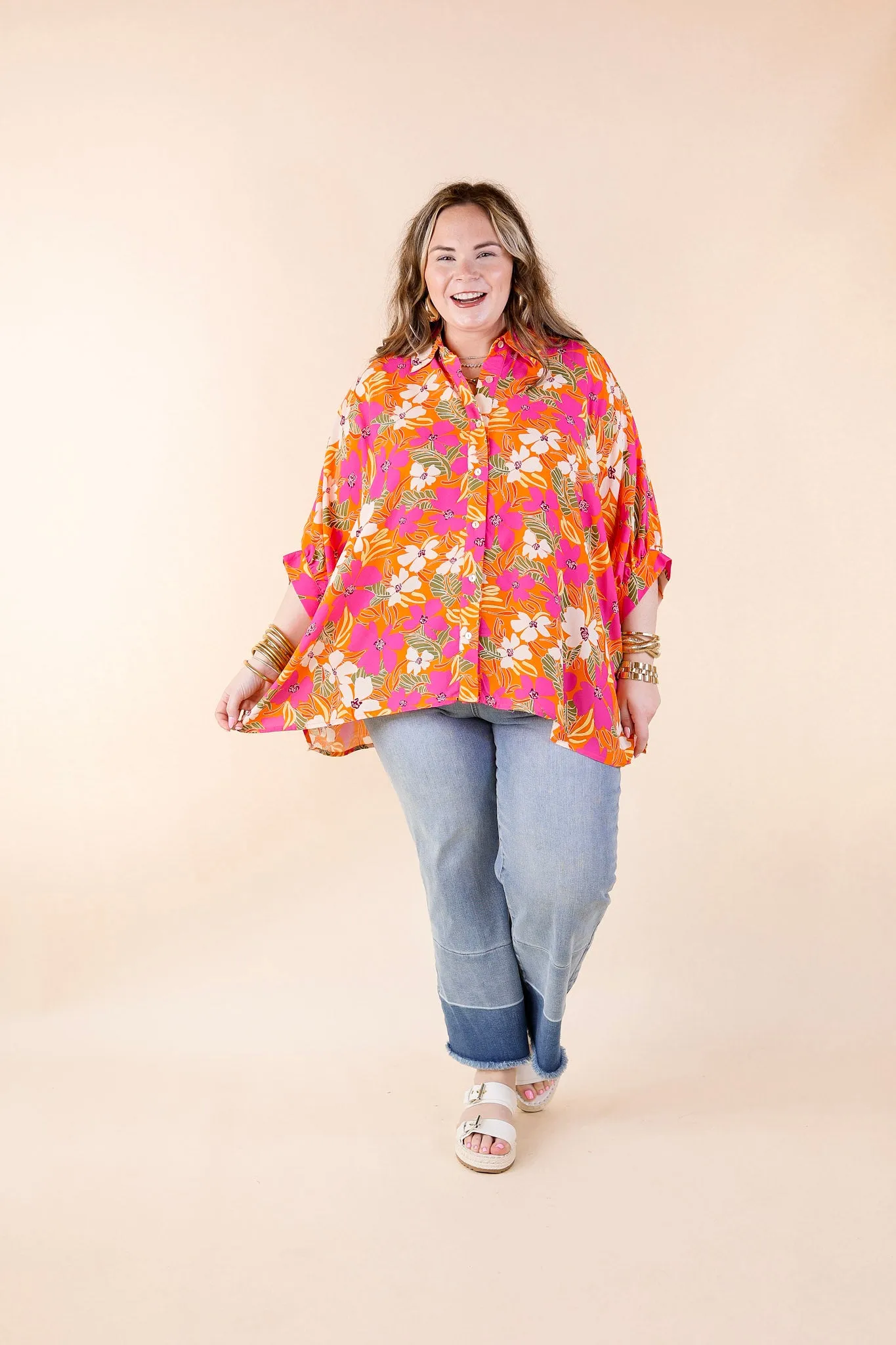 Bright Lifestyle Button Up Half Sleeve Floral Poncho Top in Orange Mix