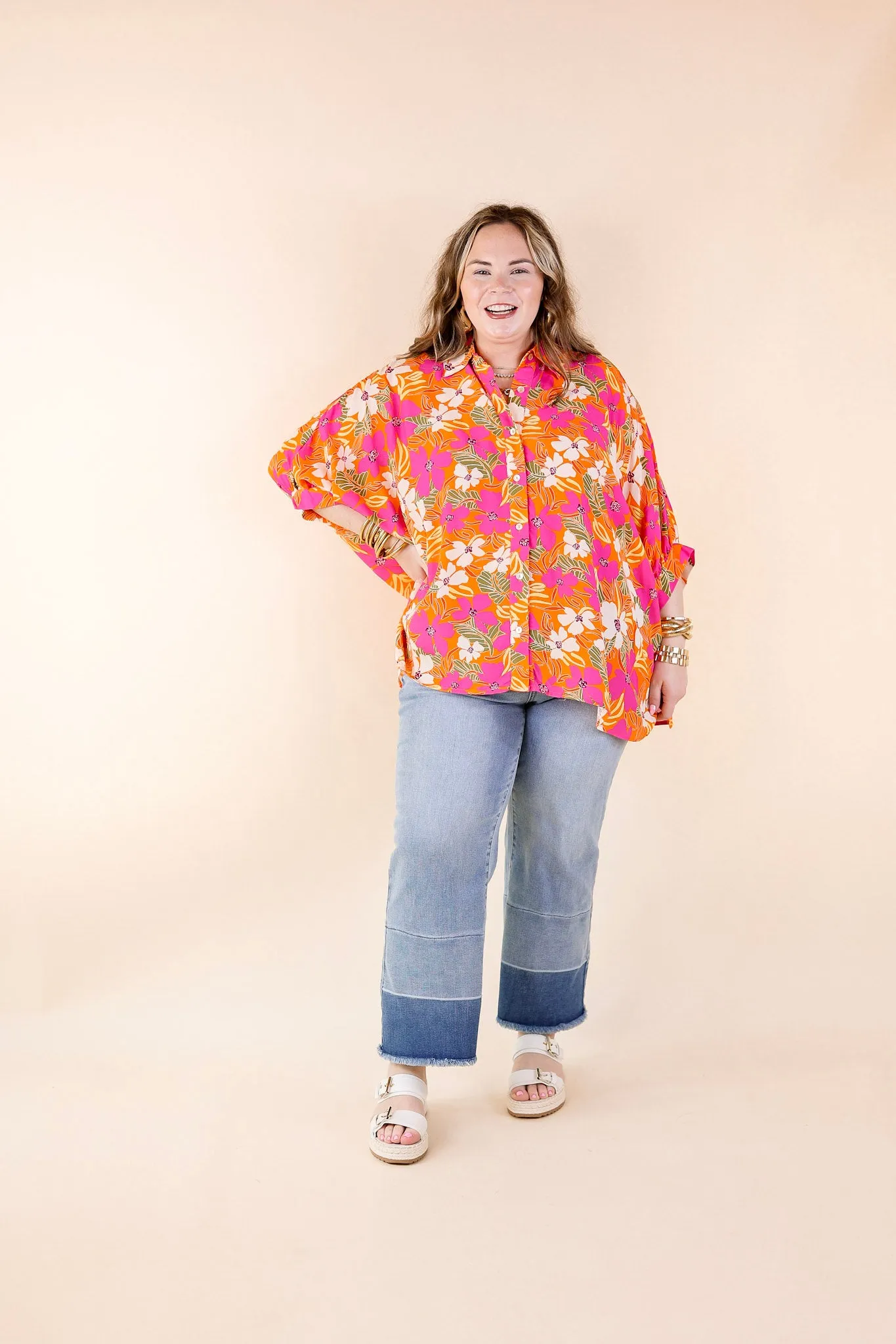 Bright Lifestyle Button Up Half Sleeve Floral Poncho Top in Orange Mix