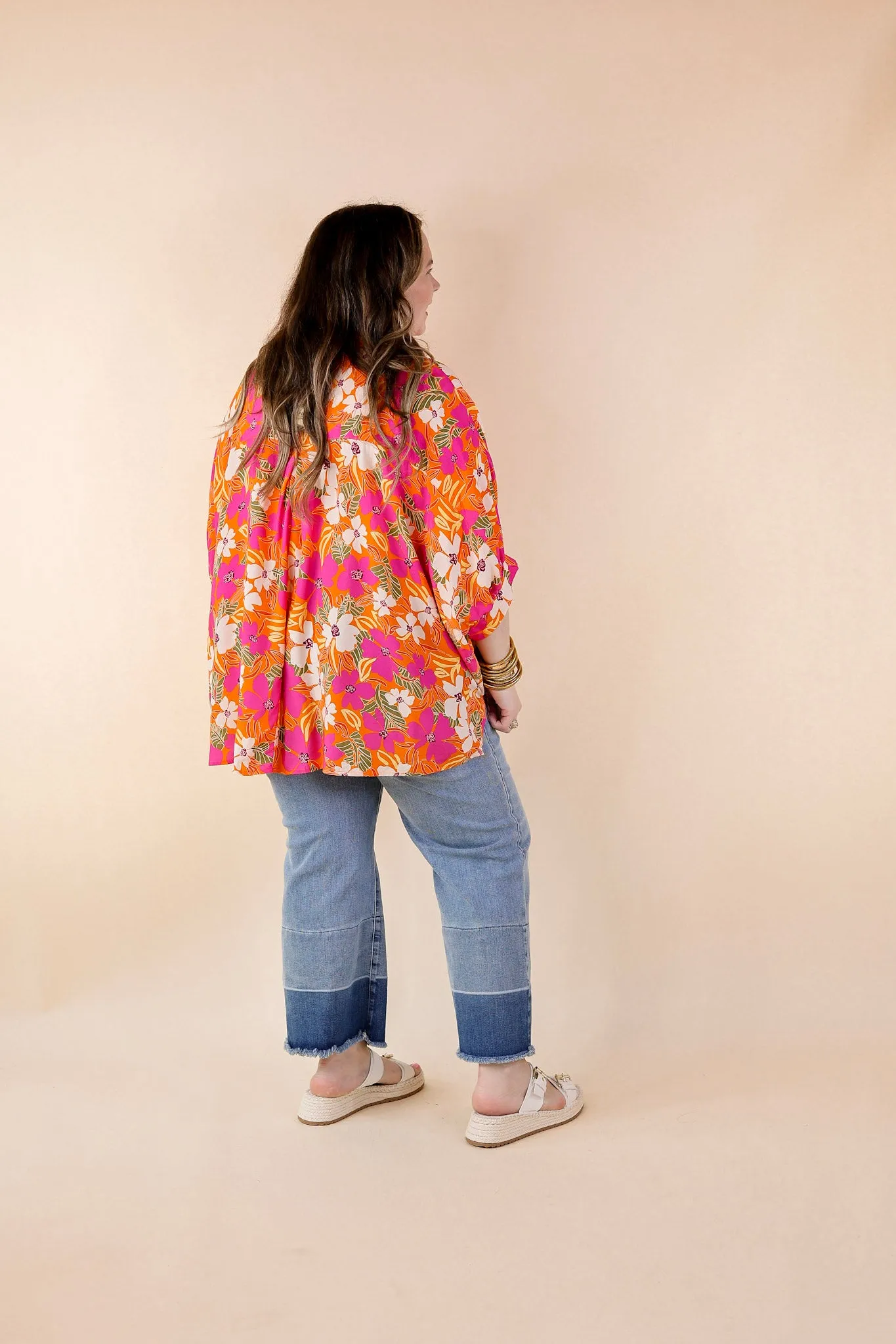 Bright Lifestyle Button Up Half Sleeve Floral Poncho Top in Orange Mix