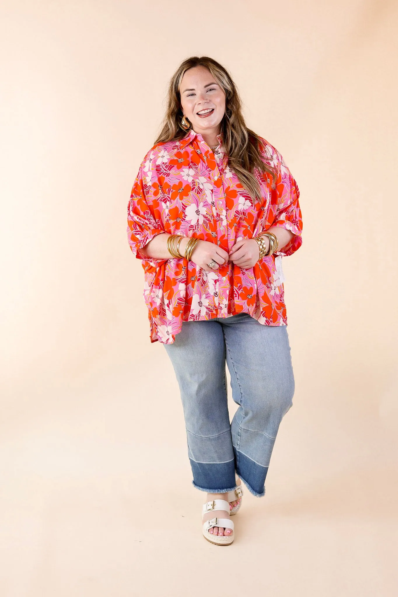 Bright Lifestyle Button Up Half Sleeve Floral Poncho Top in Pink Mix