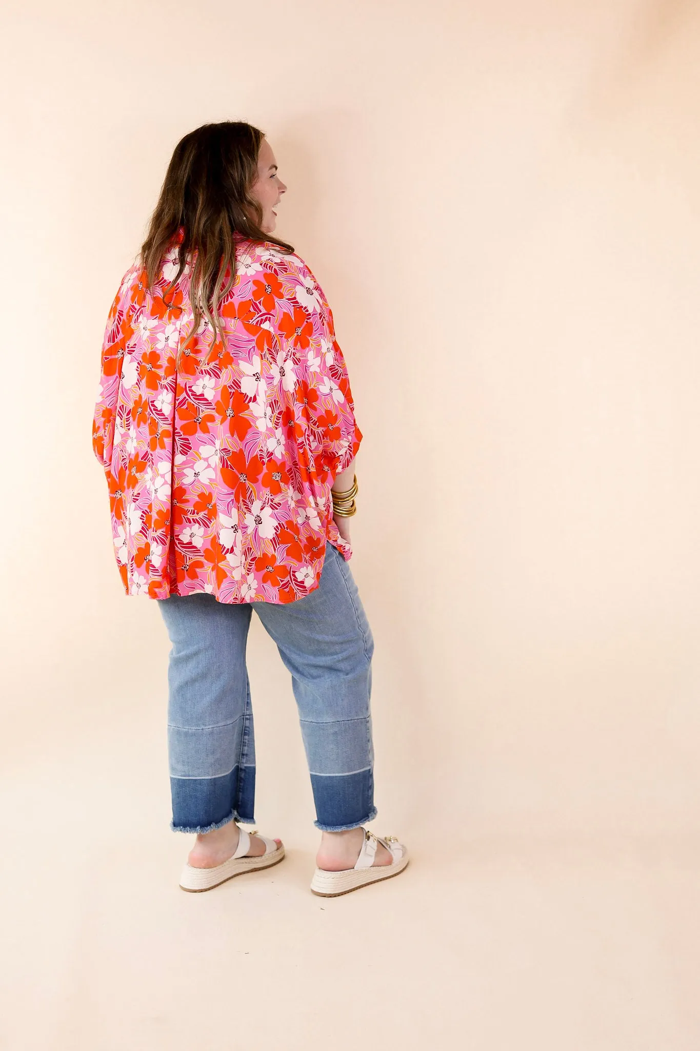 Bright Lifestyle Button Up Half Sleeve Floral Poncho Top in Pink Mix