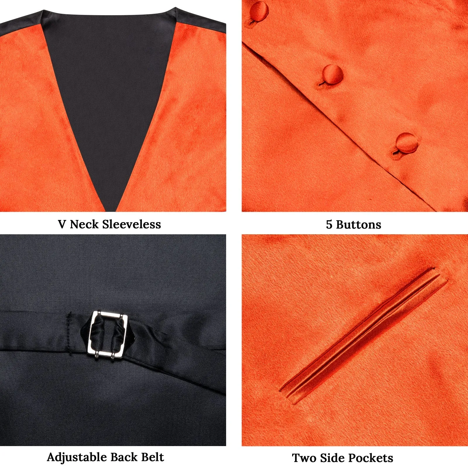 Brilliant Orange Solid Shining Silk Men Vest Necktie Bow Tie Handkerchief Cufflinks Set