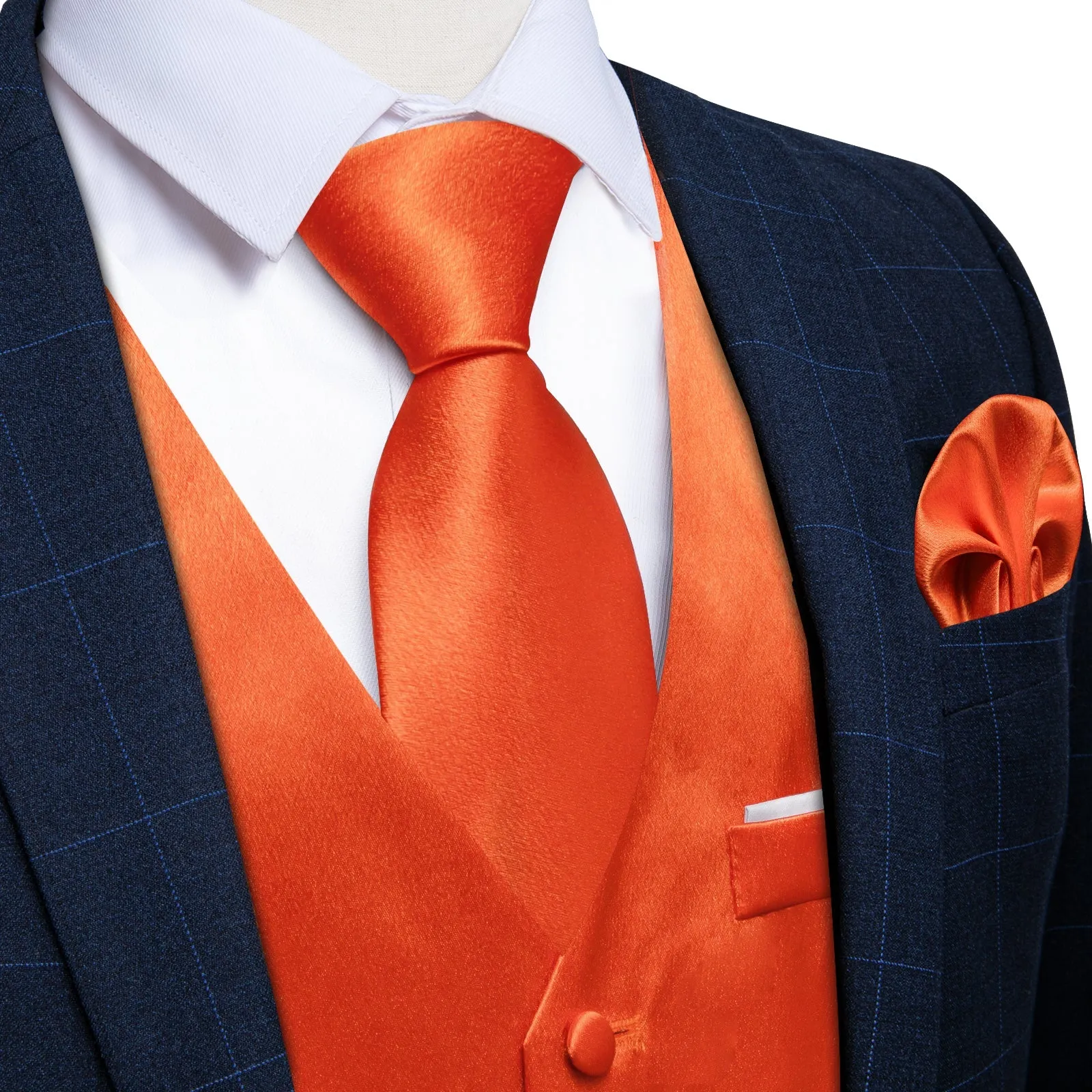 Brilliant Orange Solid Shining Silk Men Vest Necktie Bow Tie Handkerchief Cufflinks Set