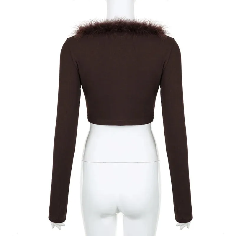 Brown Korean Y2K Crop Top Folds Skinny Autumn T shirt Female Faux Fur Trim Collar Fashion Sexy Tee Shirts Furry Cute