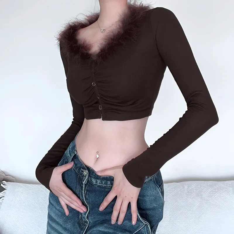 Brown Korean Y2K Crop Top Folds Skinny Autumn T shirt Female Faux Fur Trim Collar Fashion Sexy Tee Shirts Furry Cute