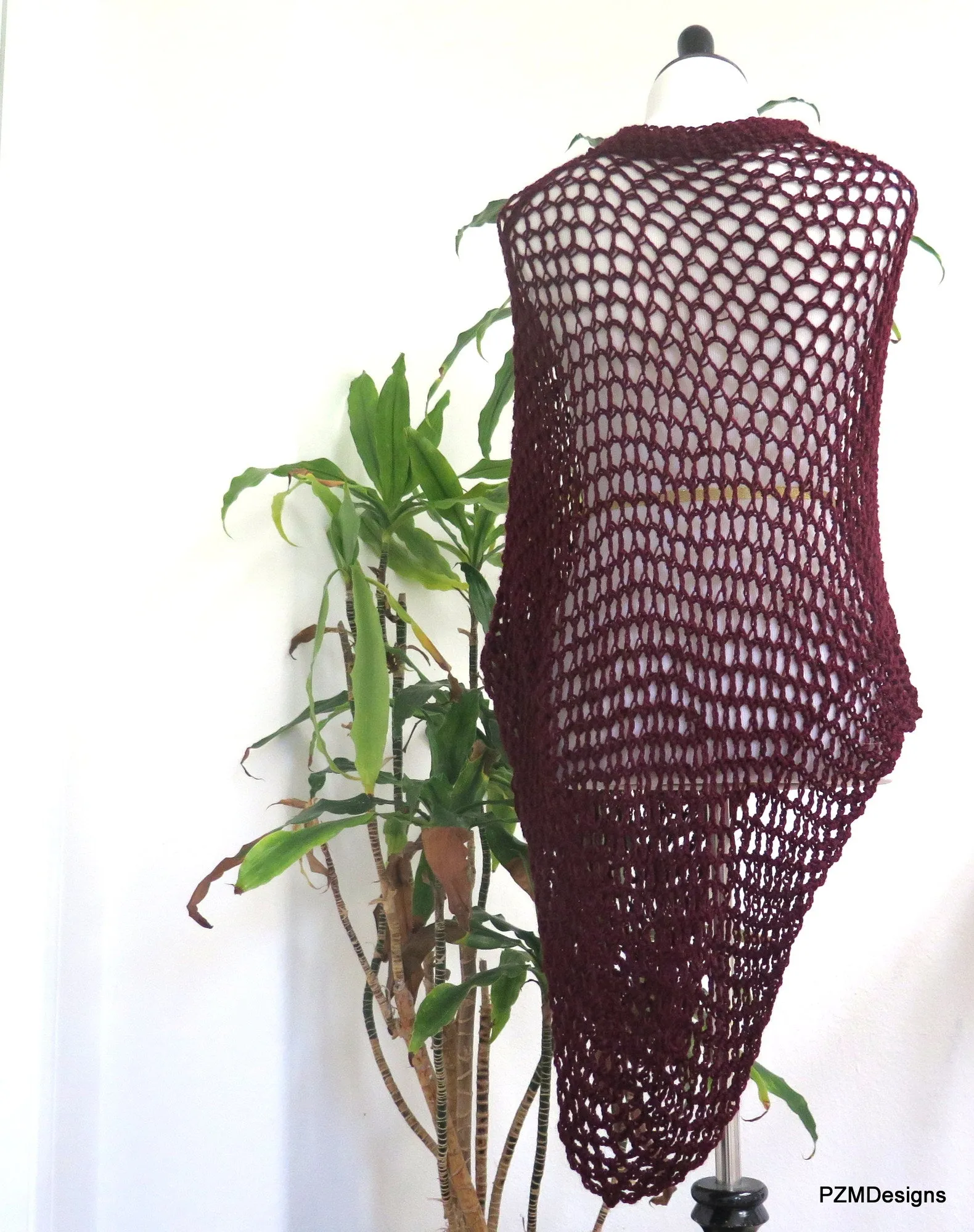 Burgundy Asymmetric Poncho, Long Crochet Poncho