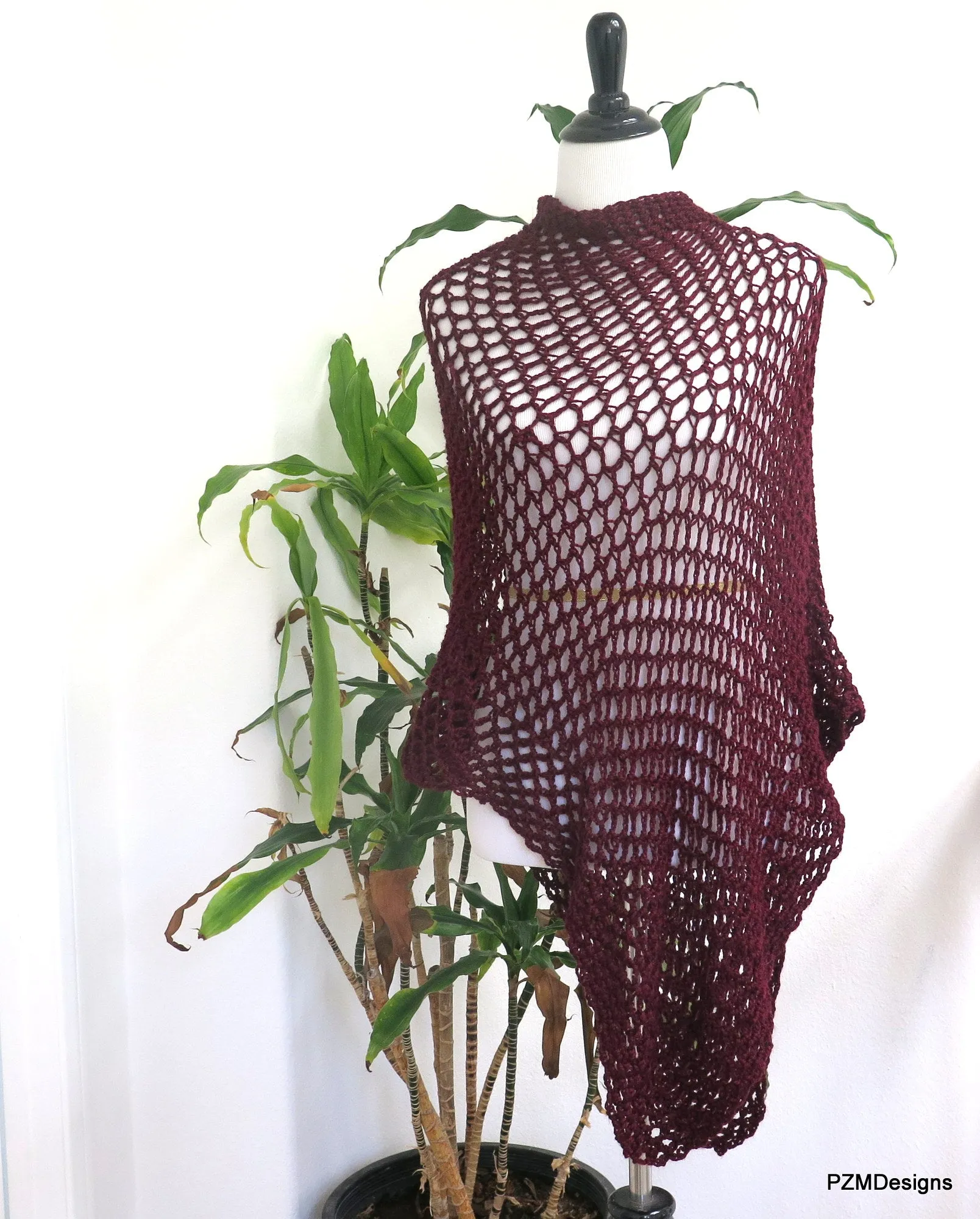 Burgundy Asymmetric Poncho, Long Crochet Poncho