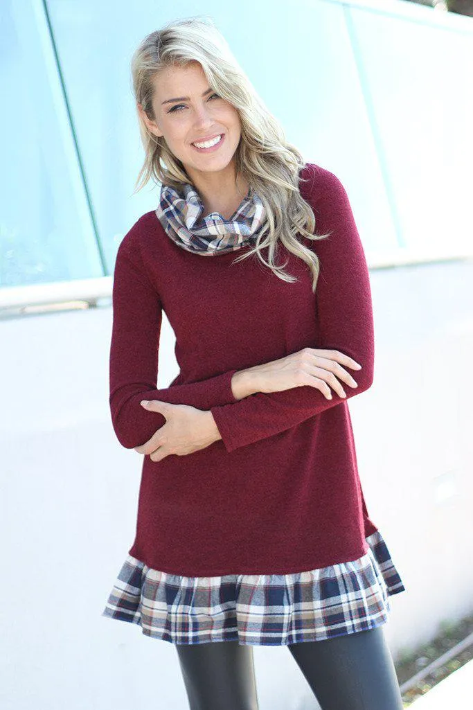 Burgundy Tunic With Plaid Detail