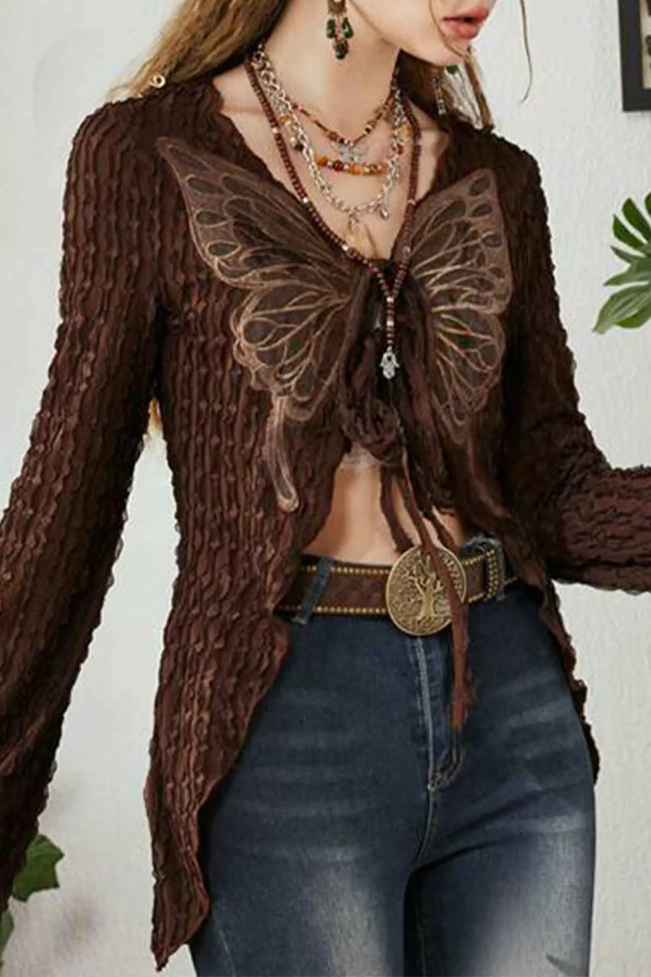 Butterfly Embroidered Tie Cardigan