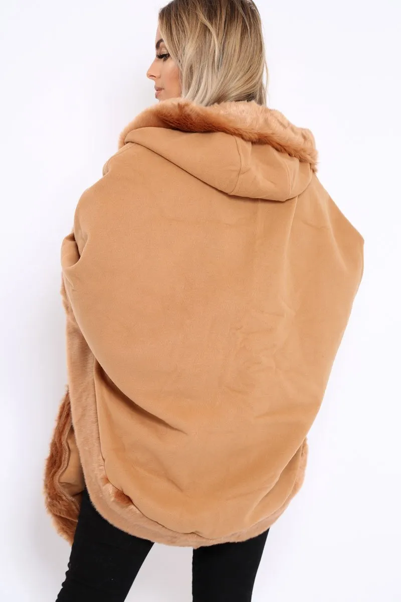 Camel  Fur Trim Poncho - Autumn