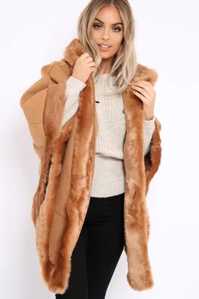 Camel  Fur Trim Poncho - Autumn