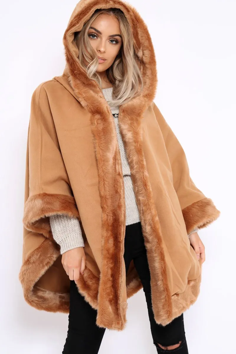 Camel  Fur Trim Poncho - Autumn