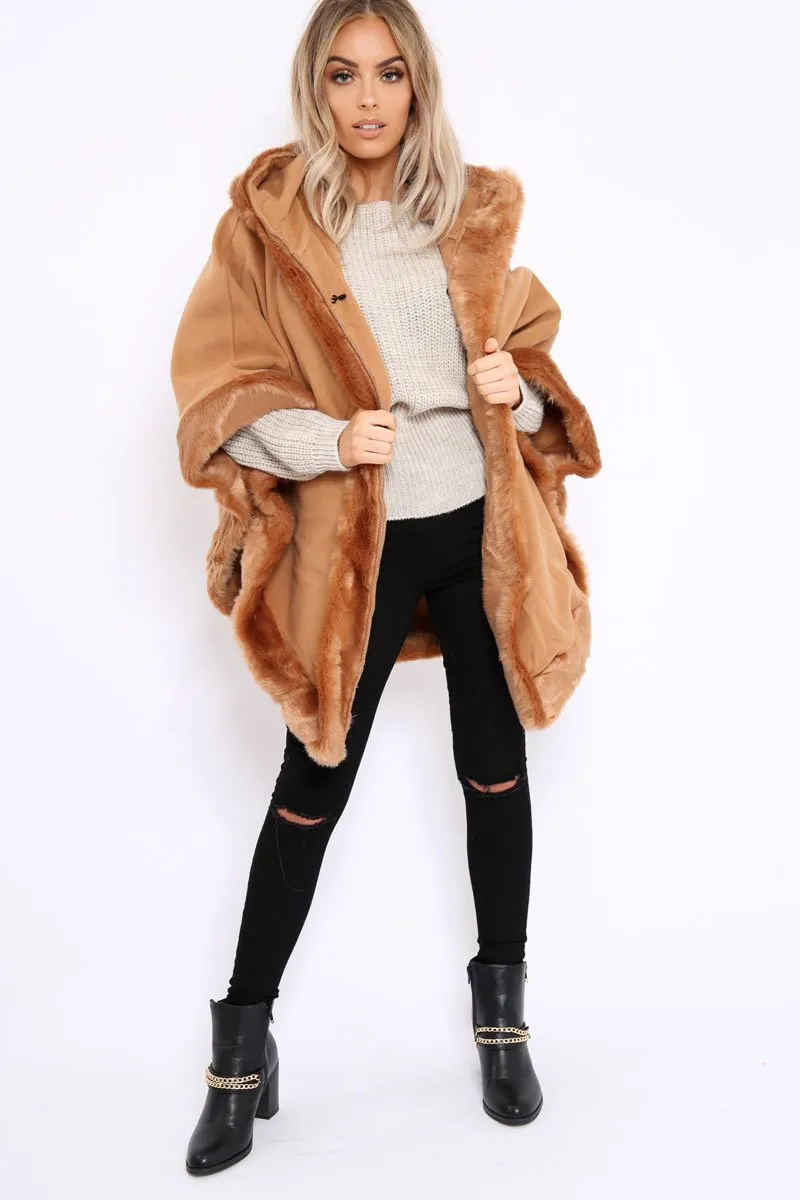 Camel  Fur Trim Poncho - Autumn