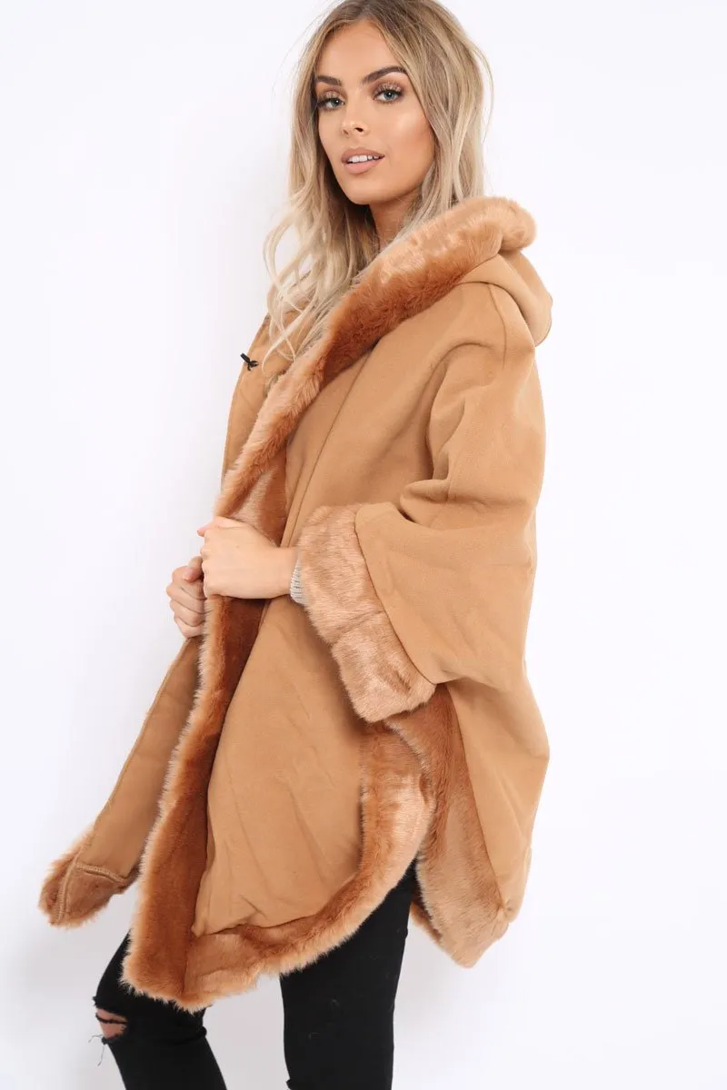 Camel  Fur Trim Poncho - Autumn