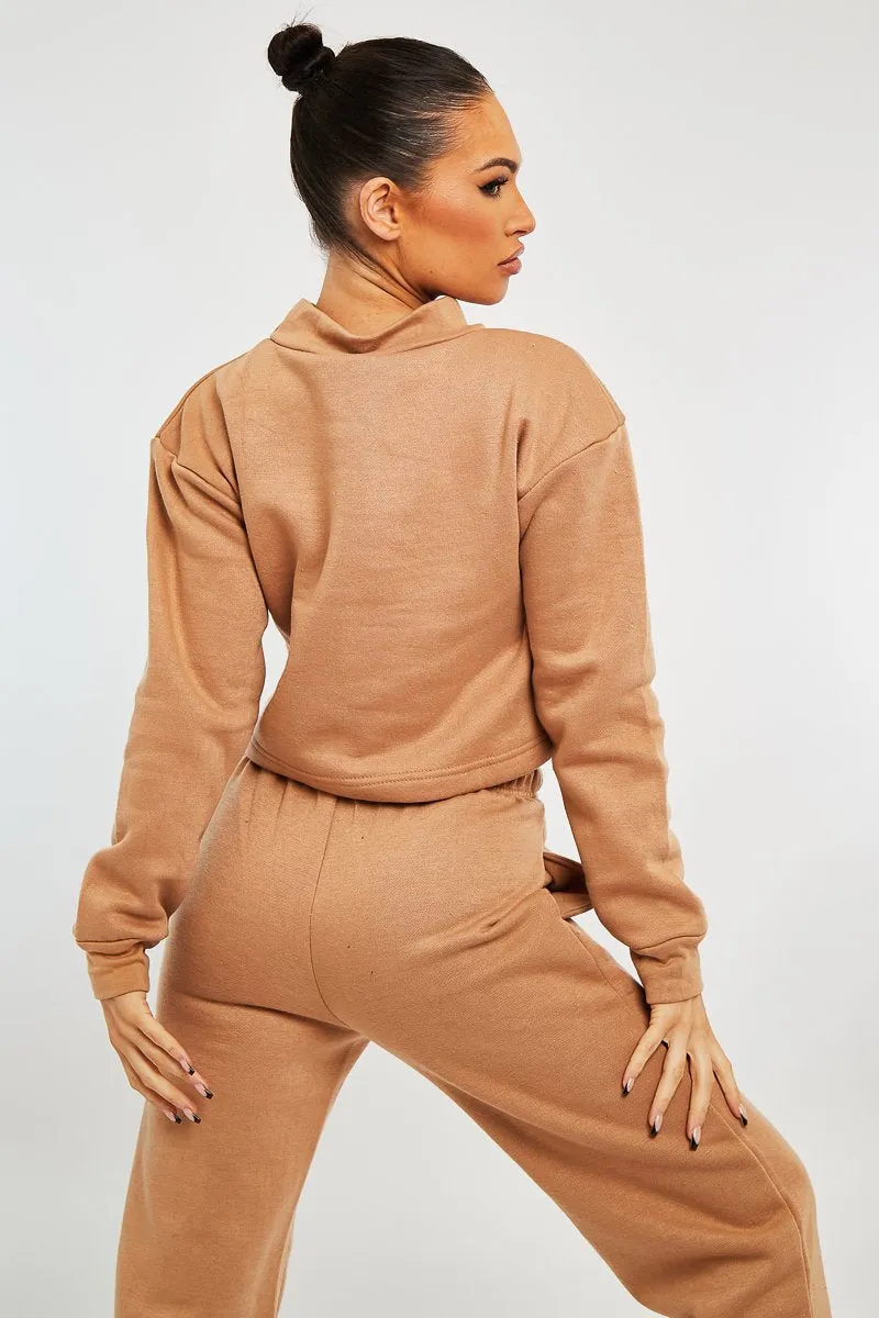 Camel High Neck Cropped Sweatshirt - Orli