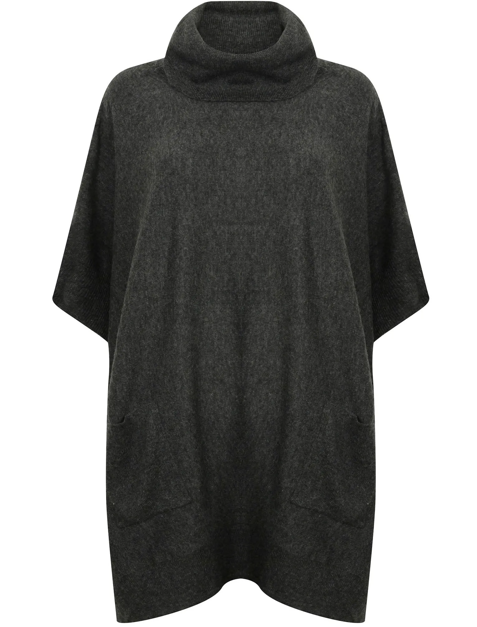 Caro Roll Neck Knitted Poncho with Pockets in Dark Grey Marl - Amara Reya