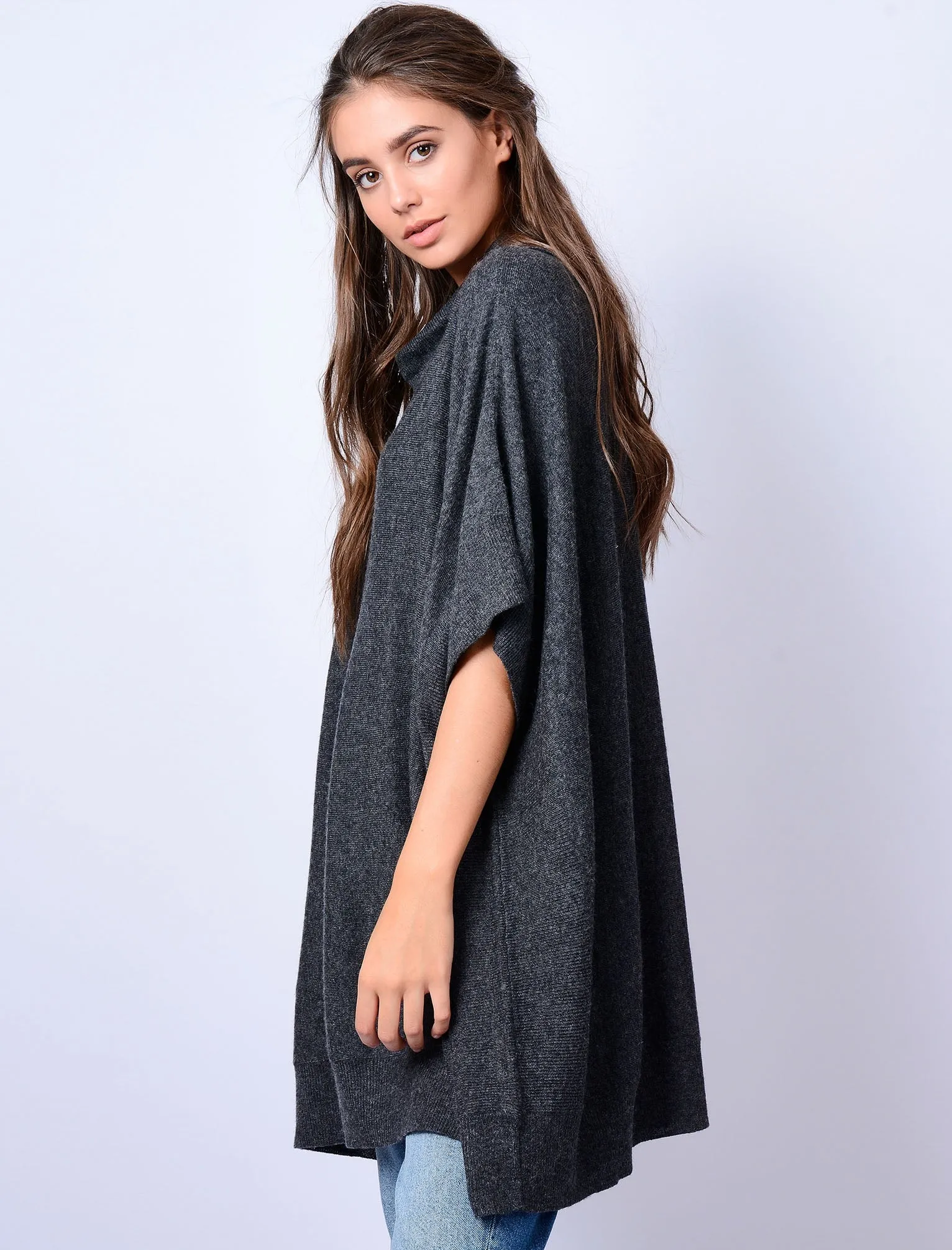 Caro Roll Neck Knitted Poncho with Pockets in Dark Grey Marl - Amara Reya