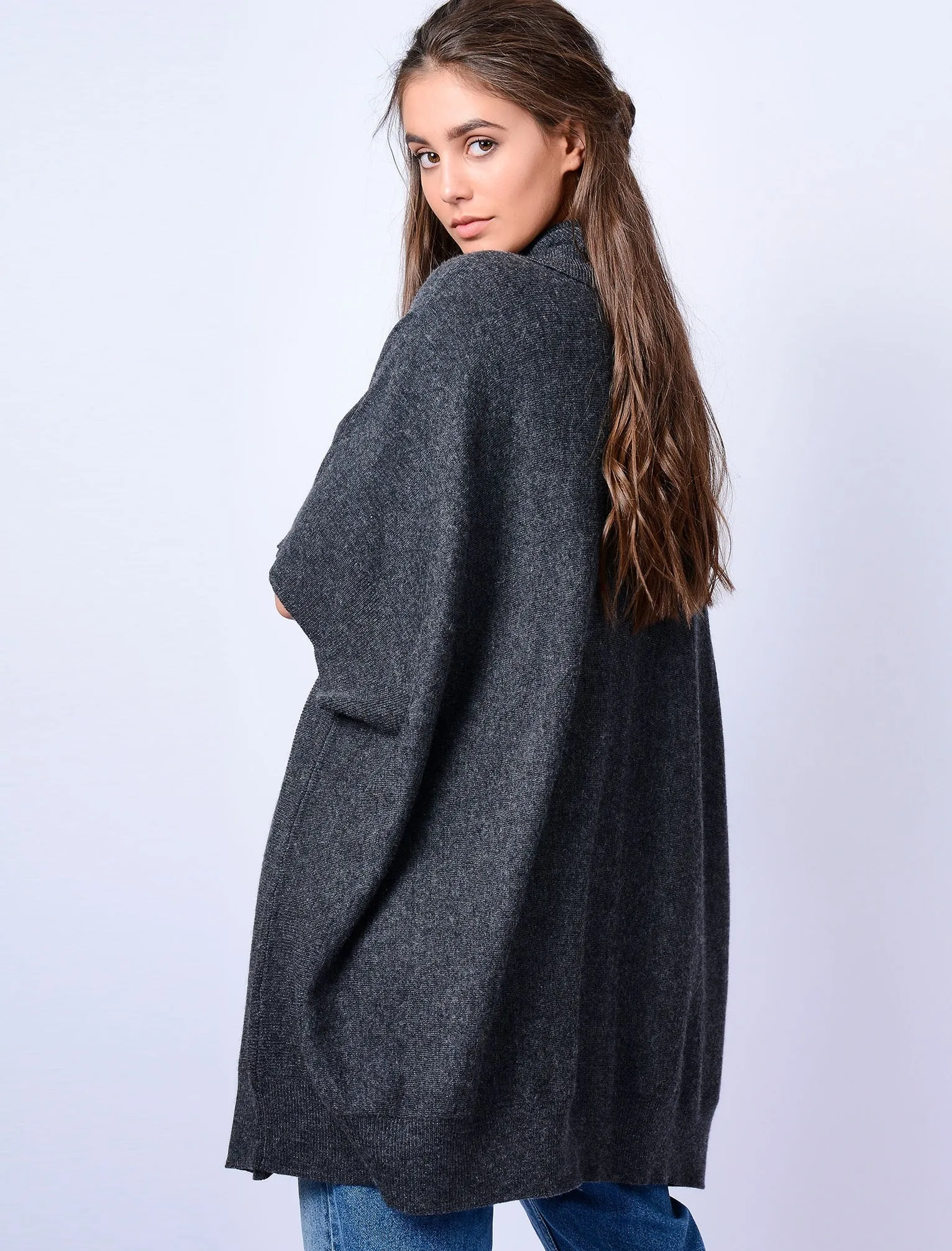 Caro Roll Neck Knitted Poncho with Pockets in Dark Grey Marl - Amara Reya