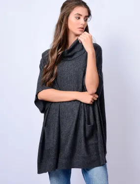 Caro Roll Neck Knitted Poncho with Pockets in Dark Grey Marl - Amara Reya