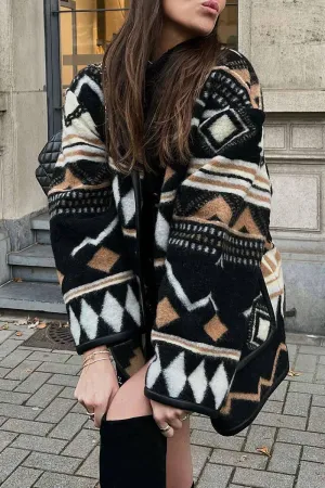 Casual Street Geometric Print Pocket U Neck Outerwear