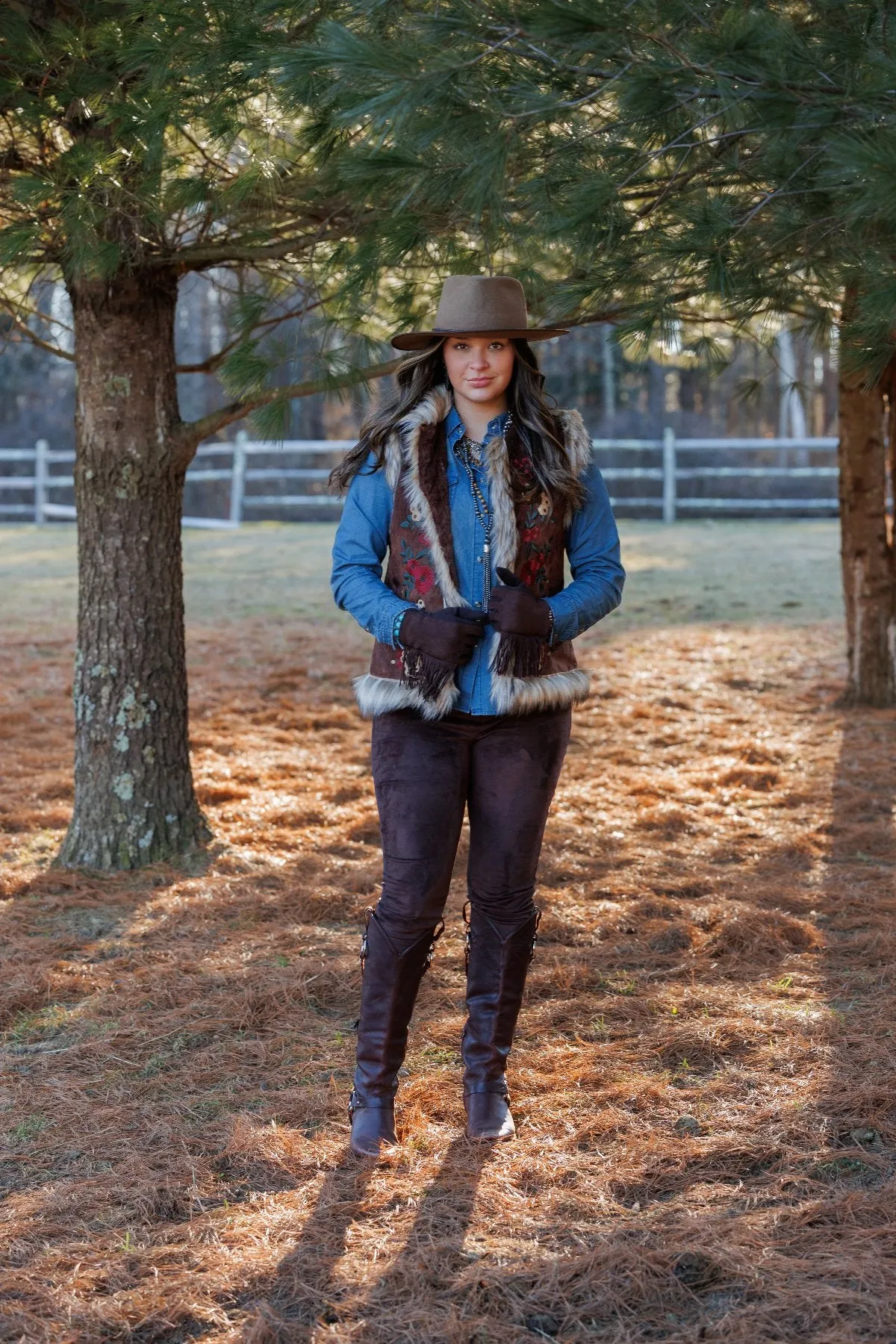 Chateau Embroidered Suede Vest in Cedar by Tasha Polizzi