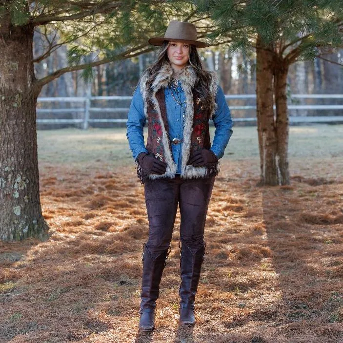 Chateau Embroidered Suede Vest in Cedar by Tasha Polizzi