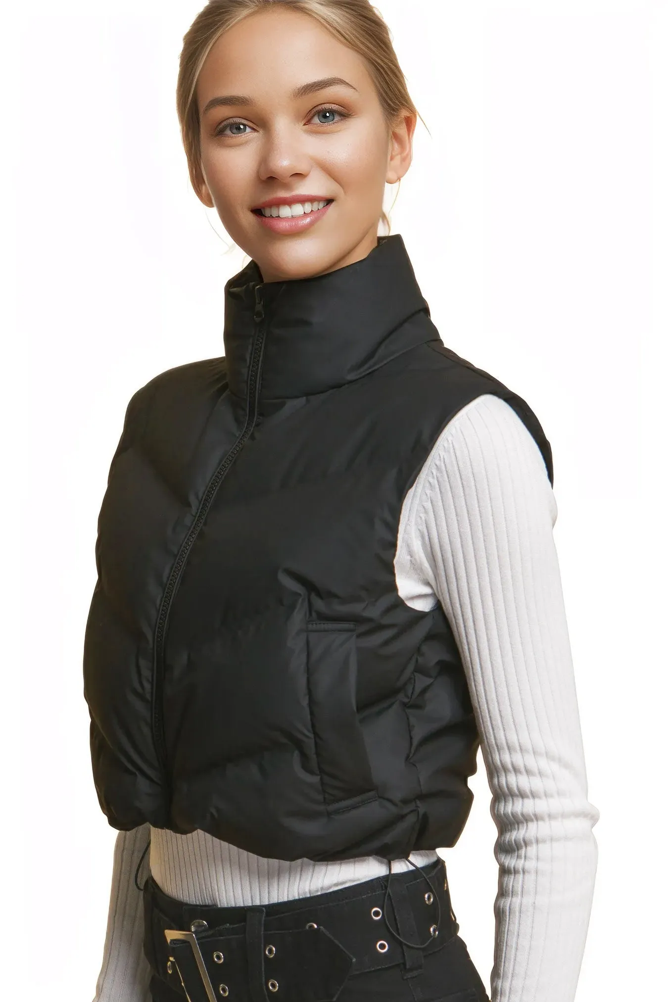 Chevron Crop Leather Puffer Vest