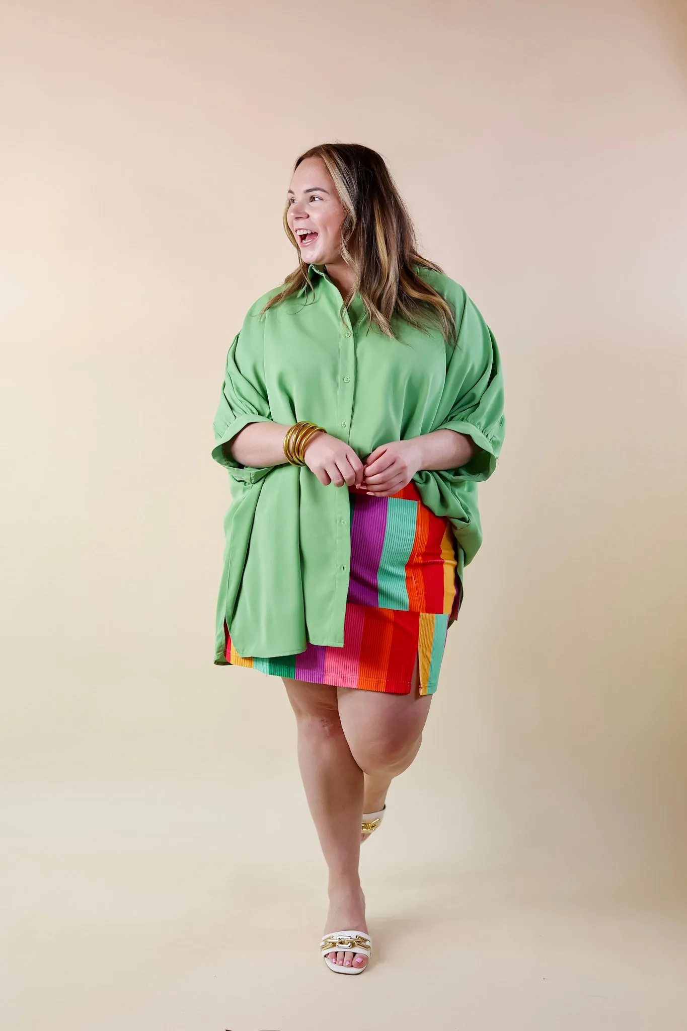 City Lifestyle Button Up Half Sleeve Poncho Top in Aloe Green