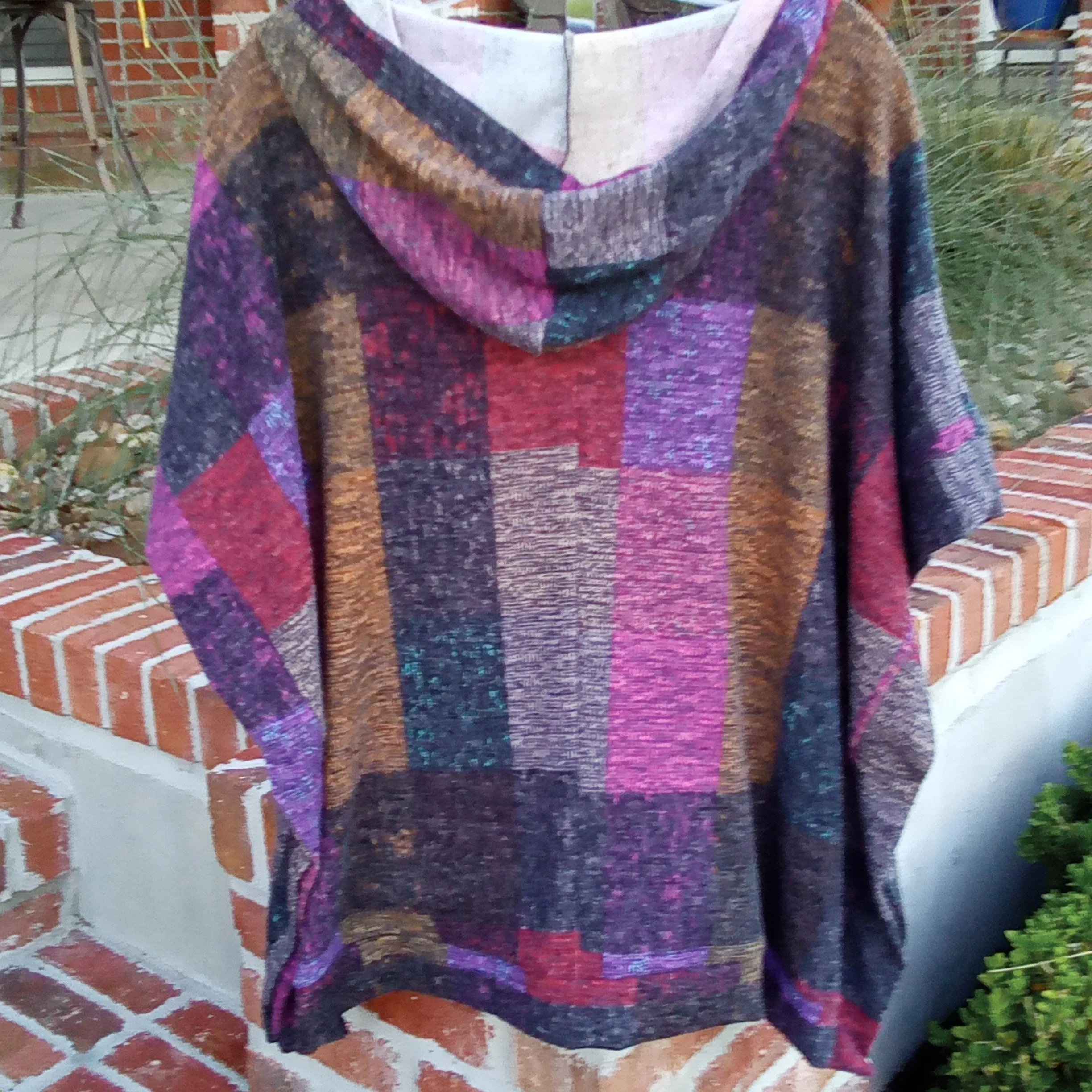 Color Blocked Plaid Pull Over Poncho Style Hoodie | First Love