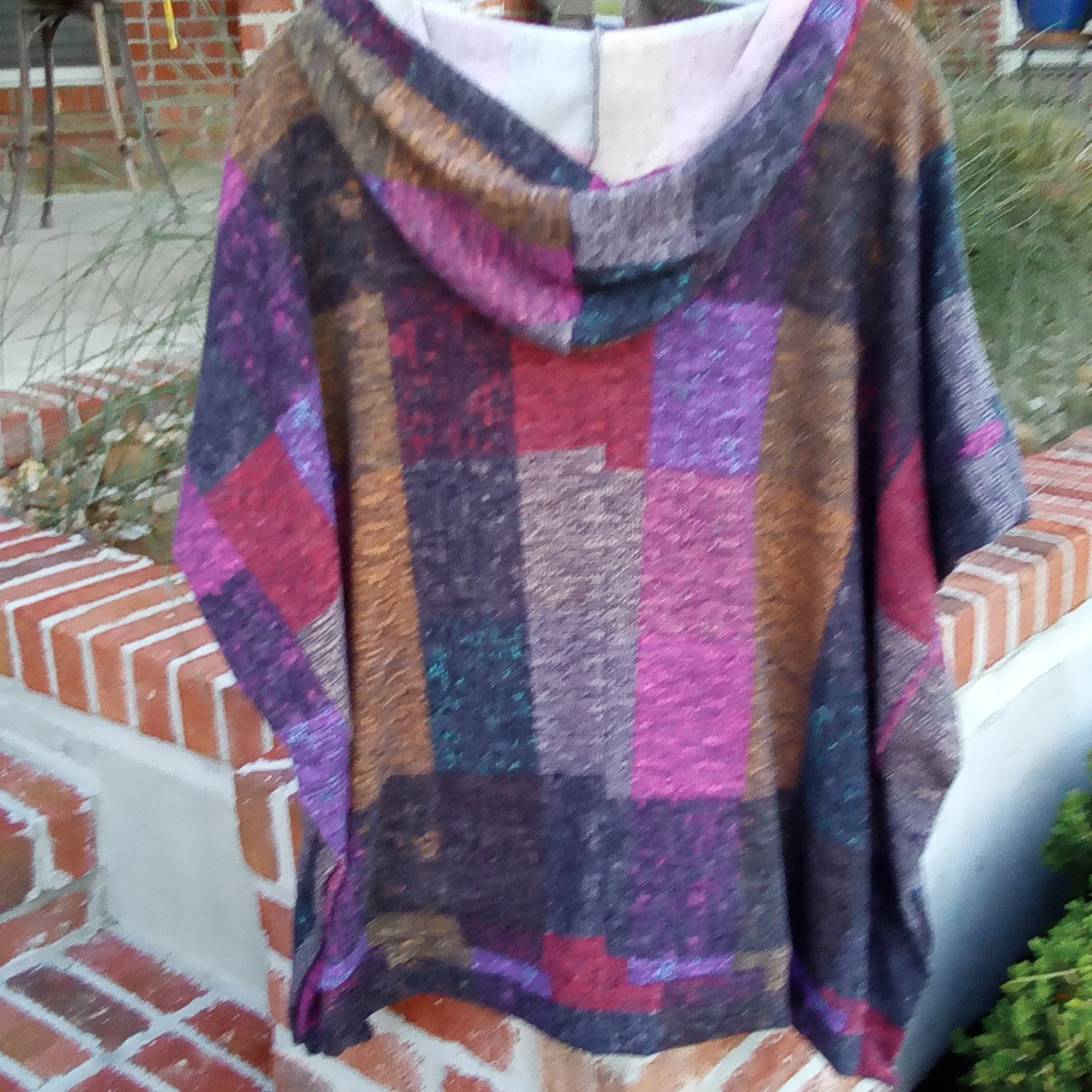 Color Blocked Plaid Pull Over Poncho Style Hoodie | First Love