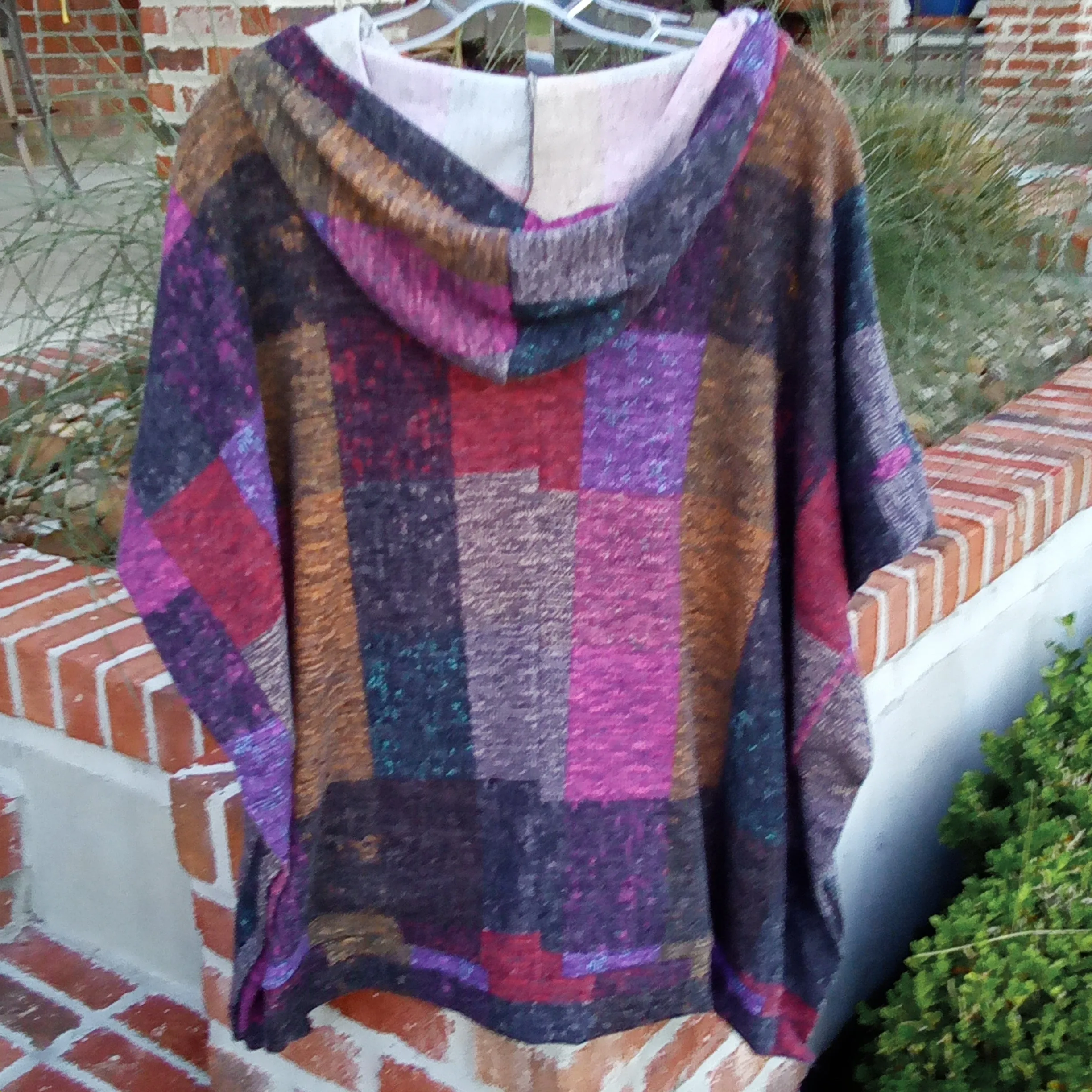 Color Blocked Plaid Pull Over Poncho Style Hoodie | First Love