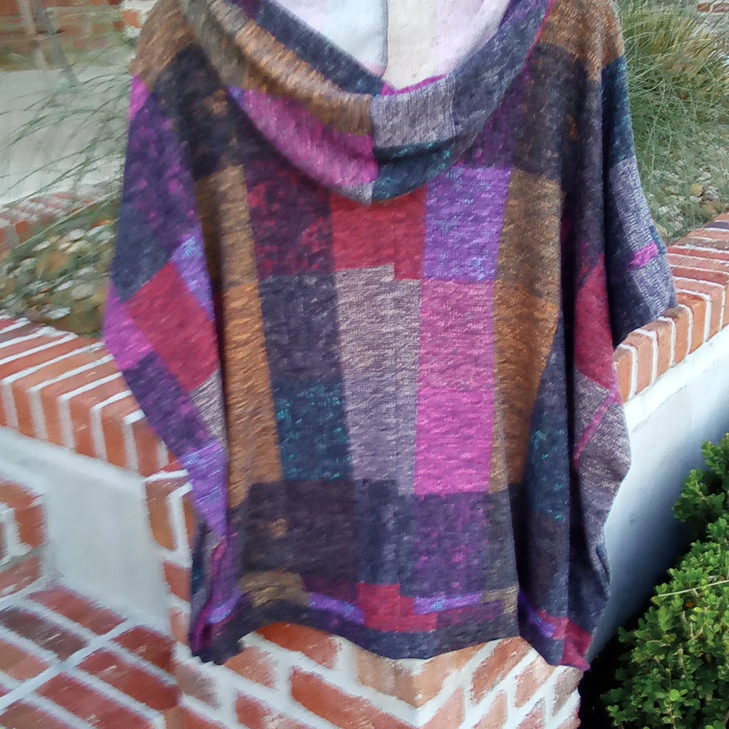 Color Blocked Plaid Pull Over Poncho Style Hoodie | First Love