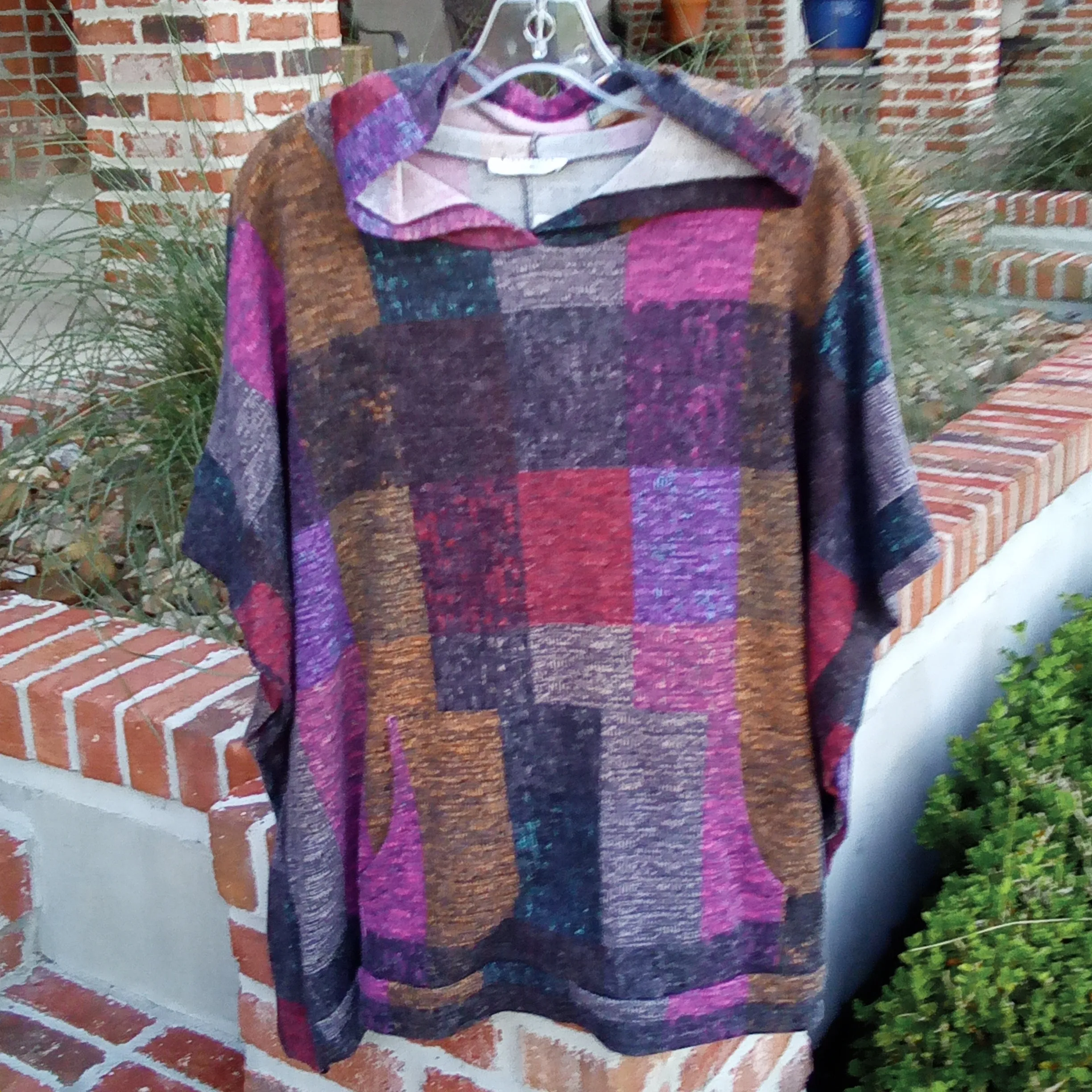 Color Blocked Plaid Pull Over Poncho Style Hoodie | First Love